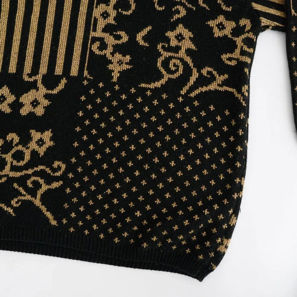 Vintage 90s Alfred Dunner Black w Metallic Gold  Floral Mockneck Sweater L - Picture 5 of 11